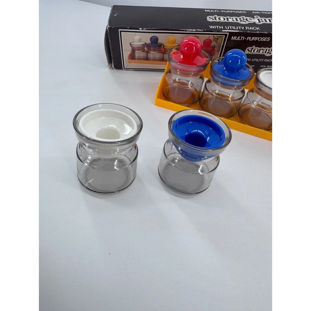 Vintage Storage Jar Set with Utility Rack 5pc Retro Kitchen Spice Office MCM